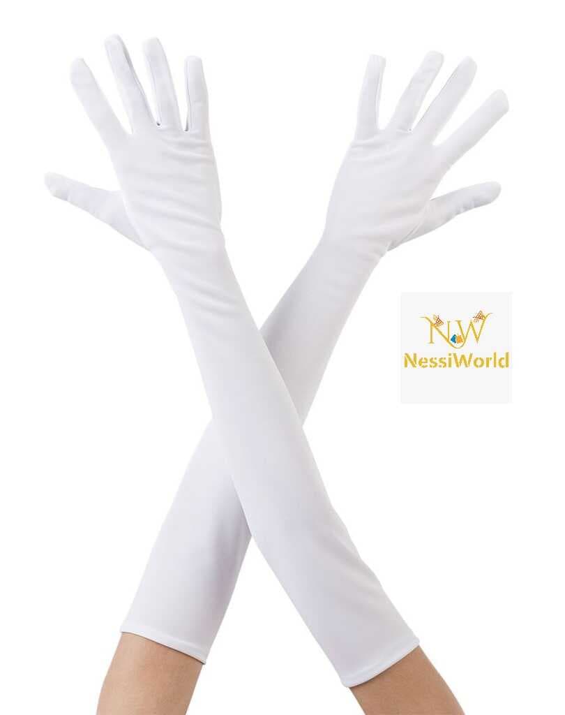 Beyaz Renk Dirseğe Kadar Uzun Kumaş Eldiven 40 cm