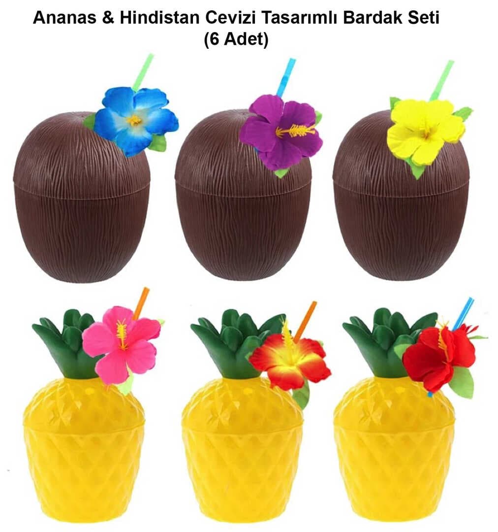 Ananas &amp;amp;amp; Hindistan Cevizi Tasarımlı Pipetli Bardak Seti (6 Adet) (5430)