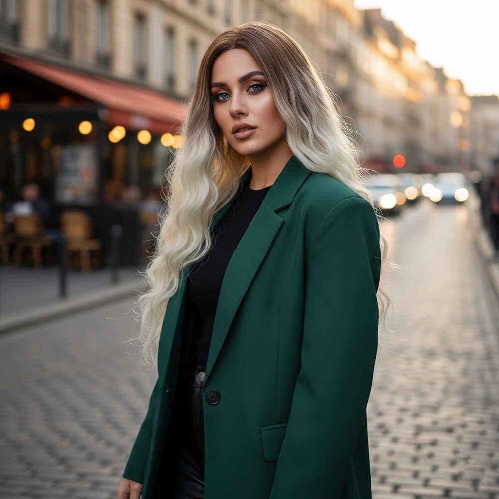 Fiber Sentetik Uzun Su Dalgası Peruk / Kumral / Platin Ombreli