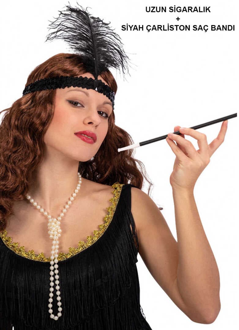 1920&amp;apos;ler Gatsby Aksesuar Seti – Siyah Charleston Saç Bandı &amp;amp;amp; Sigaralık (5430)