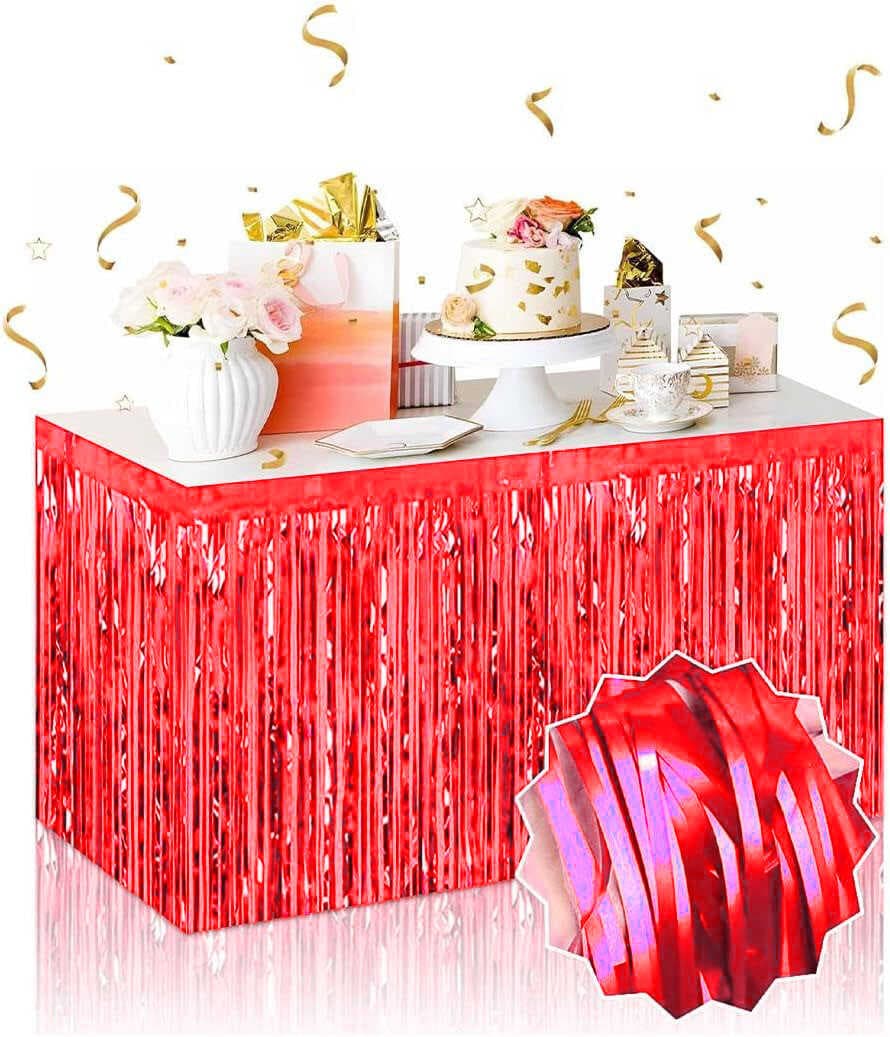 Kendinden Yapışkanlı Kırmızı Metalize Püsküllü Masa Eteği – 75 x 275 cm Parti Süslemesi (5430)
