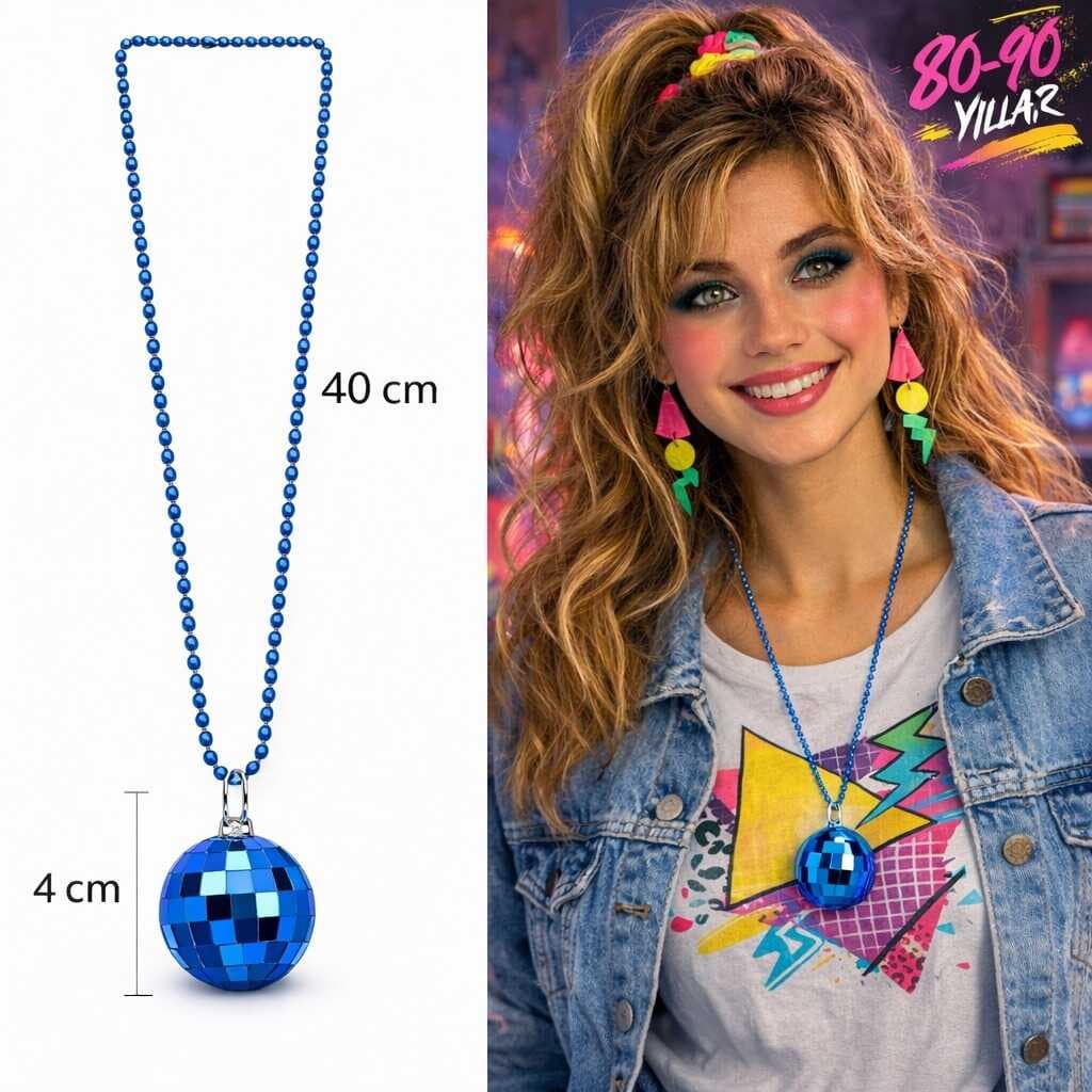 Retro Disko Topu Şekilli 80&amp;apos;ler 90&amp;apos;lar Mavi Renk Plastik Kolye (5430)