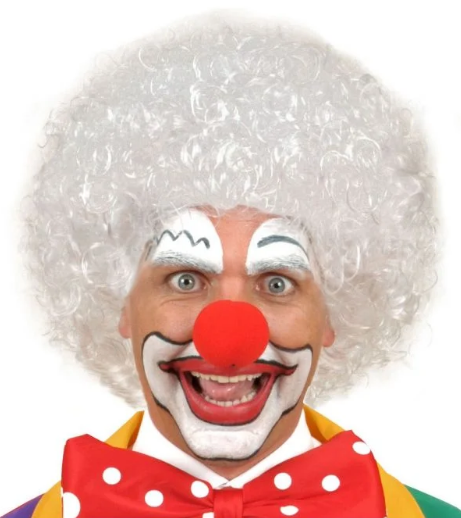 Beyaz Renk Kıvırcık Afro Bonus Peruk Saç ve Kırmızı Sünger Burun Seti (5430)