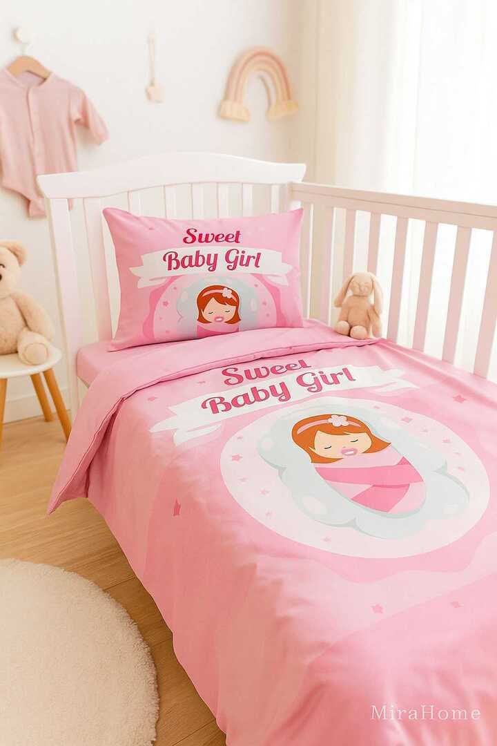 Yenidoğan Kız Bebek Nevresim Takımı %100 Pamuklu Sweet Baby Girl