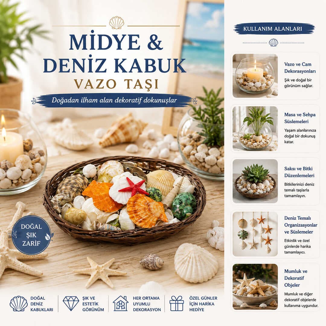OVAL AHŞAP SEPET RENKLİ MİX MİDYE - DENİZ KABUK VAZO TAŞI (5430)