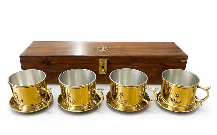 38x10 cm Ahşap Kutulu 4'lü Pirinç Fincan Seti