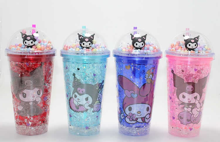 Sevimli Kuromi Işıklı Pipetli Boncuklu Suluk Bardak 400 ml