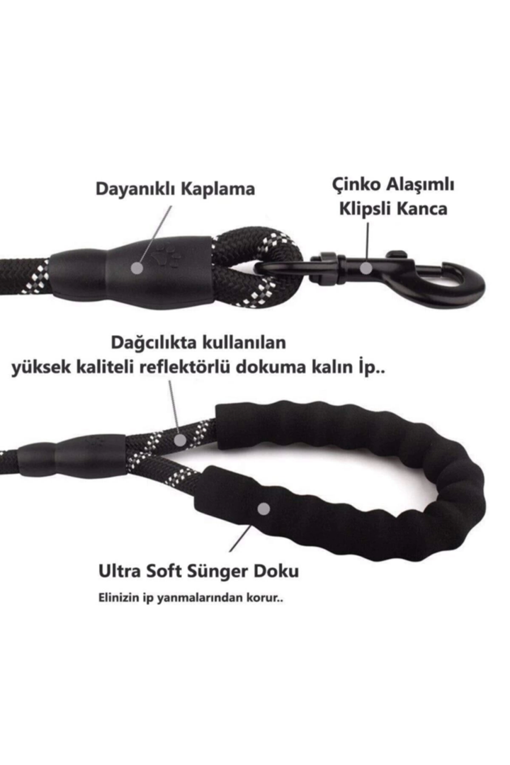 Köpekler İçin Gezdirme Tasması Reflektörlü 130 Cm Halat Orta Ve Büyük Boy Köpekler İçin Siyah
