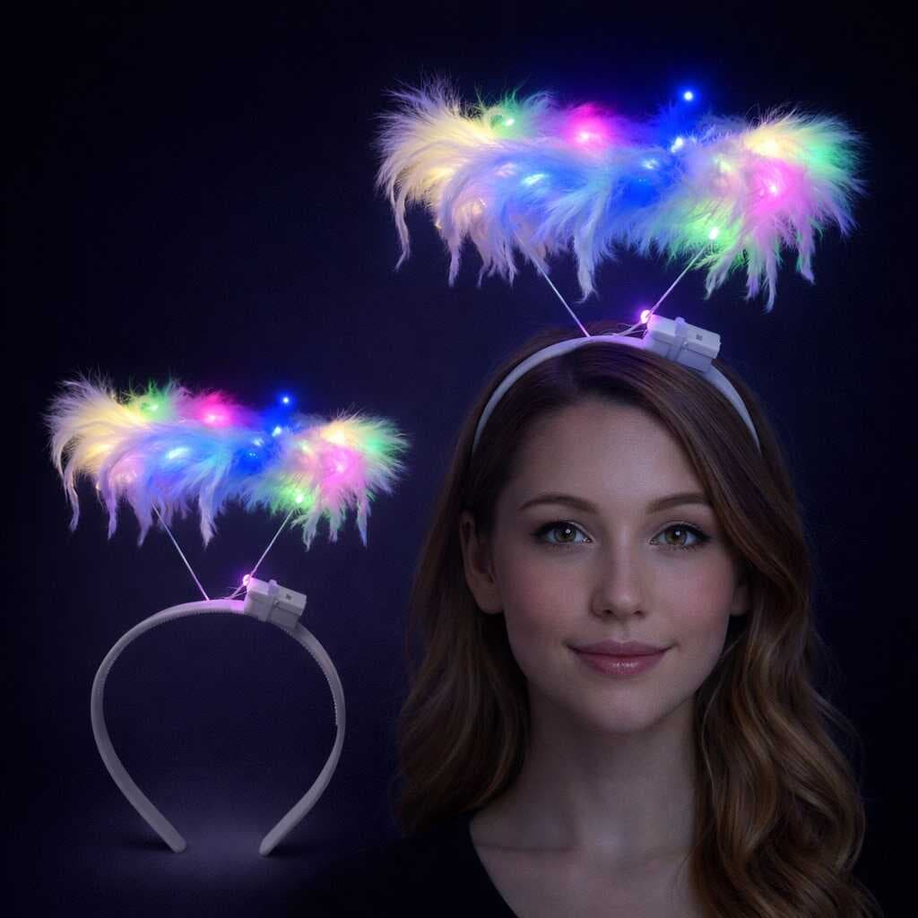 Renkli LED Işıklı Beyaz Tüylü Püsküllü Parti Tacı