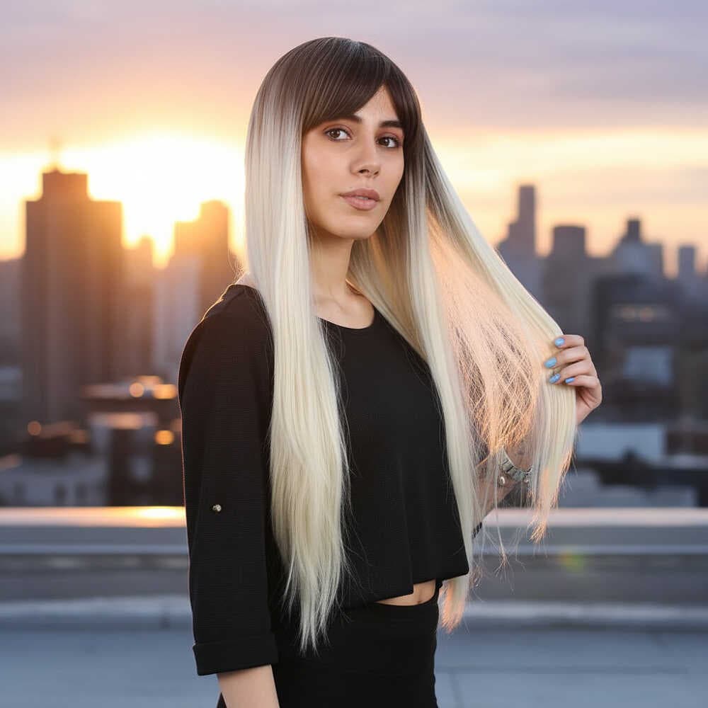 Fiber Sentetik Uzun Düz Kahküllü Peruk / Küllü Açık Kahve / Platin Ombreli