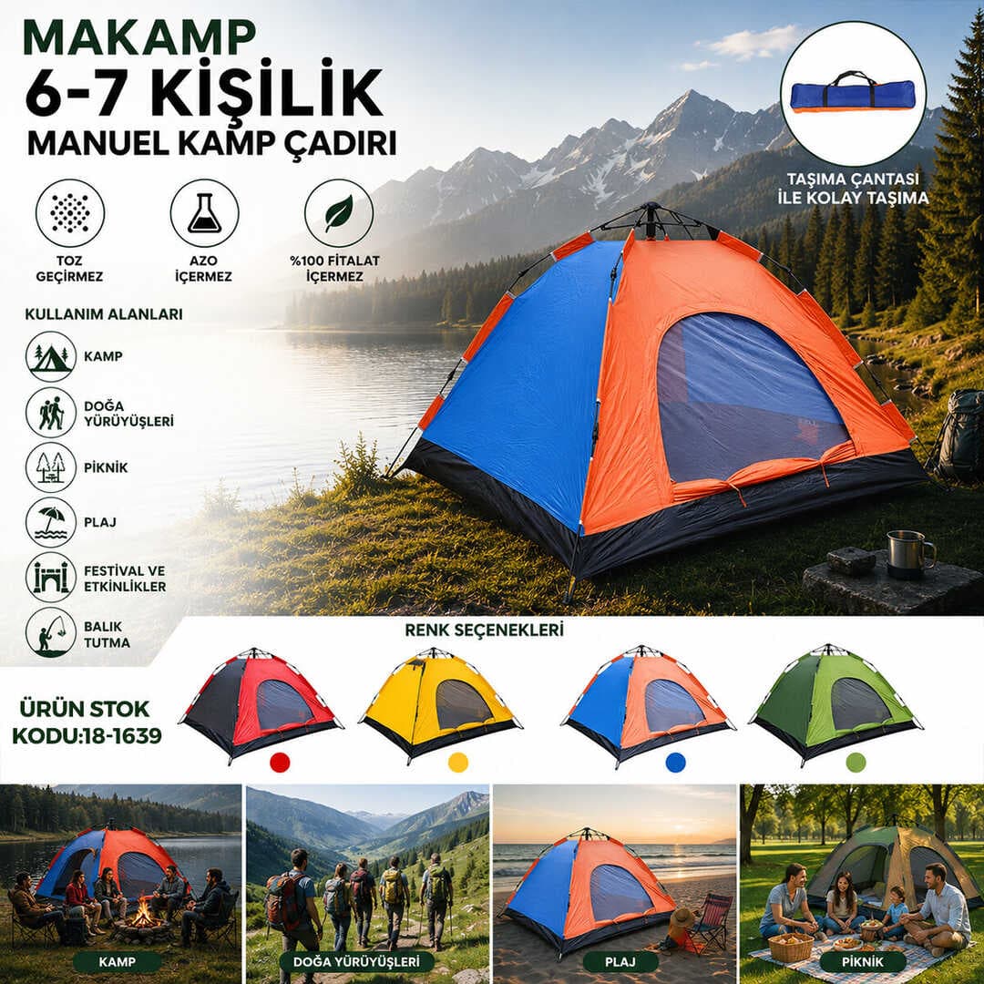 6-7 KİŞİLİK TOZ GEÇİRMEZ 220CMX250CMX150CM MANUEL KAMP ÇADIR HERHANGİ BİR RENK GÖNDERİLİR (5430)