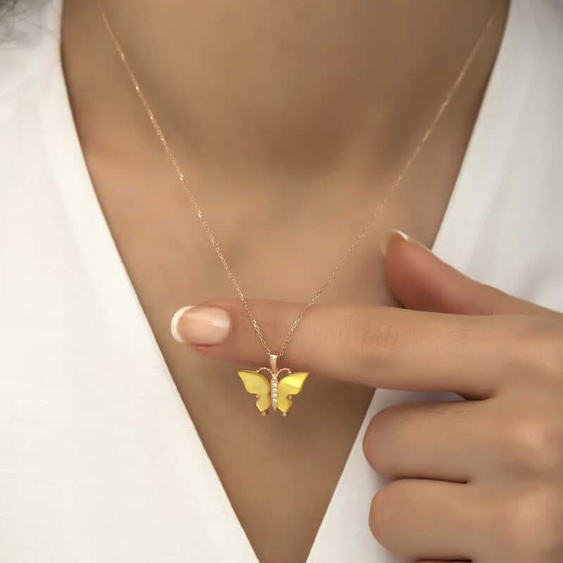 925 Ayar Gümüş Rose Sarı Kaplangözü Taşlı Kelebek Kolye (T5918) (477477)