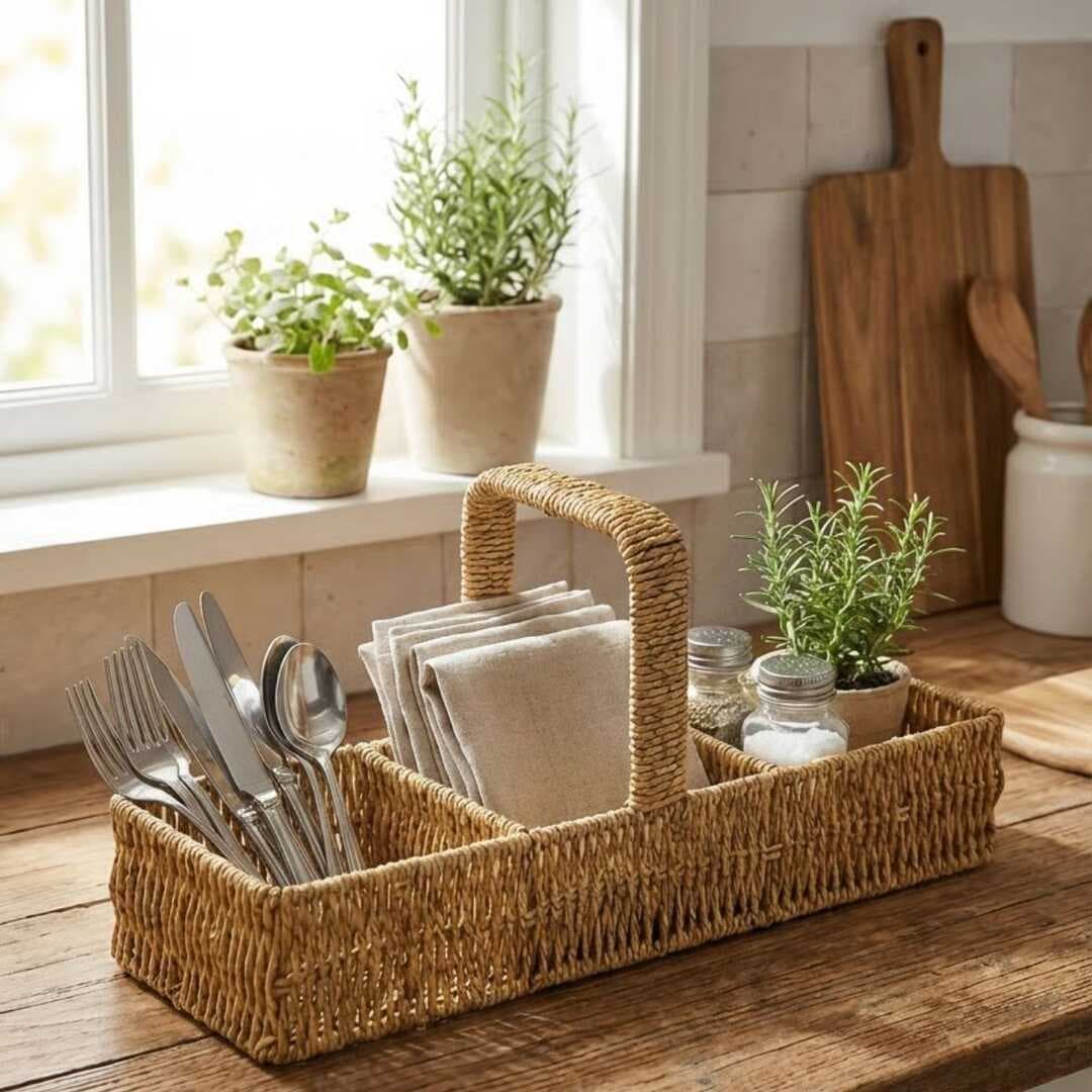 3 Bölmeli Plastik Rattan Düzenleyici–Saplı Masaüstü Organizer, Mutfak Kaşık Çatal Sepeti, Banyo &amp;amp; Ofis Çok Amaçlı Sunum Standı (5430)