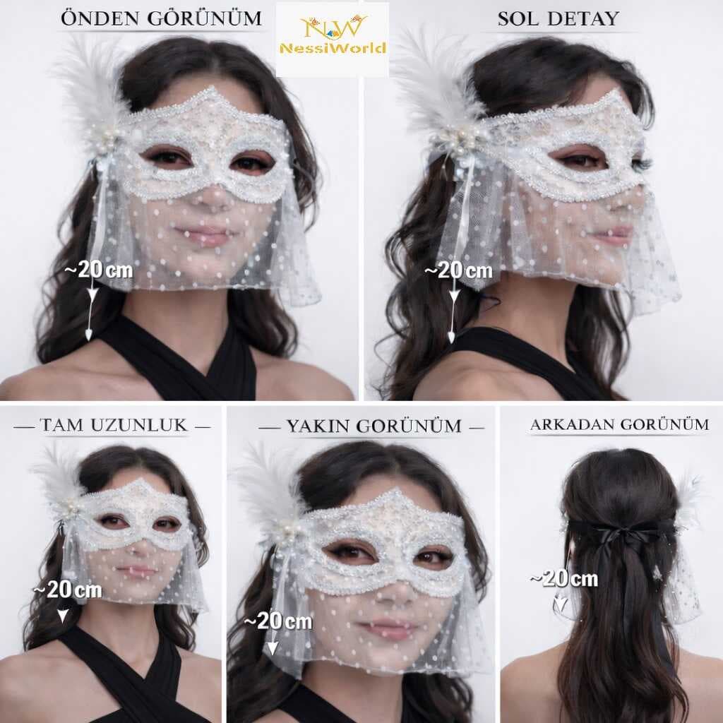 Beyaz Dantel Tüllü Peçeli Parti Maskesi – Tüylü İnci Detaylı