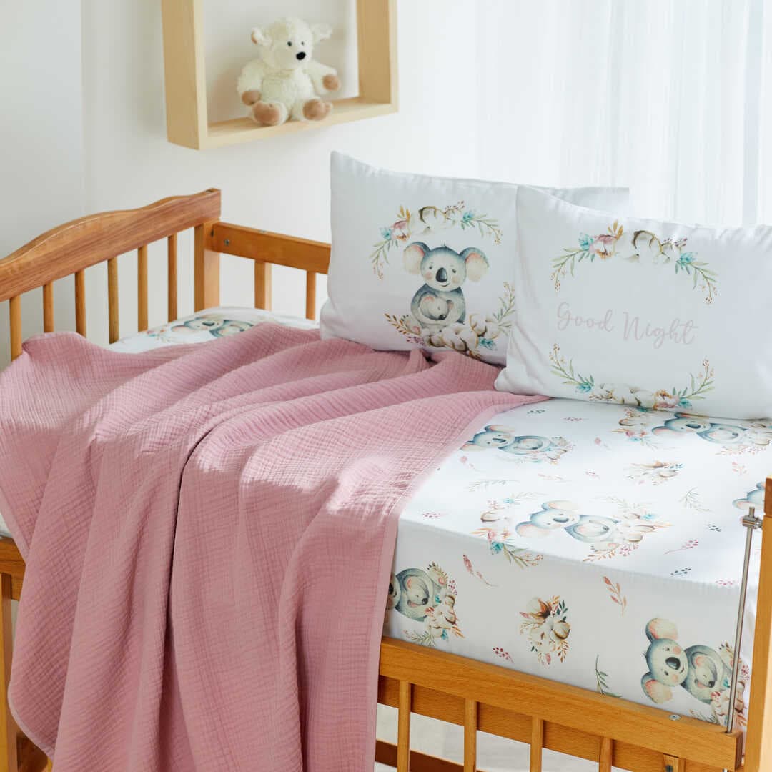 ARBABABY ORGANİK BASKILI %100 PAMUK MÜSLİN PİKELİ VE BEBEK NEVRESİMİ TAKIMI - KOALA VE ÇİÇEK TEMALI