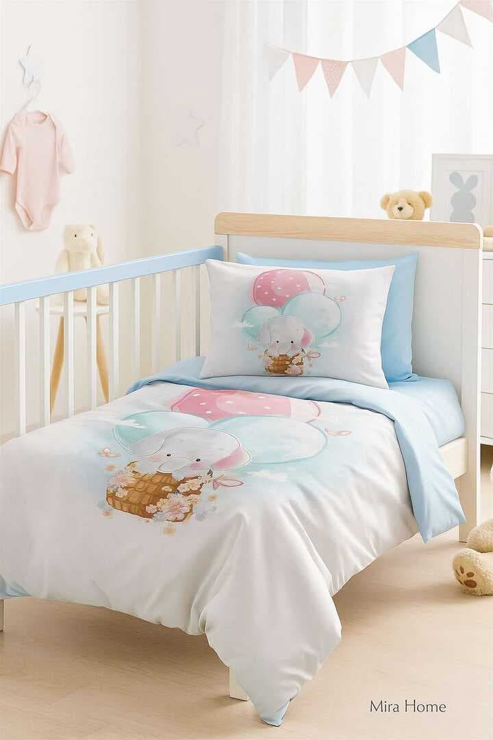 Dijital Baskılı 3d Pamuklu Yenidoğan Bebek Nevresim Takımı Elephant Baloon Blue