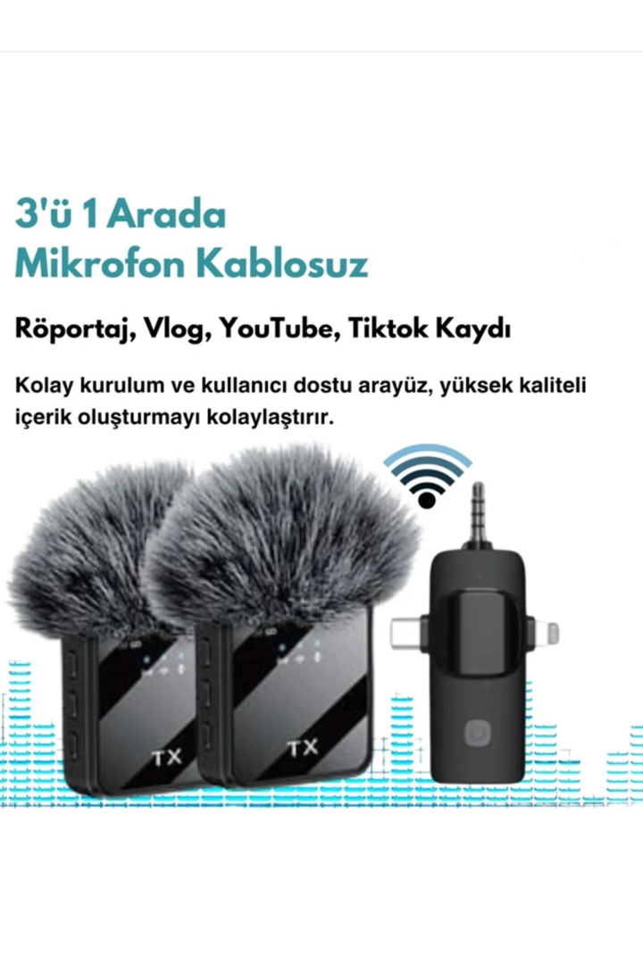 Yüksek Kalite Profesyonel 3 In 1 Kablosuz Taşınabilir Yaka Mikrofonu Tüylü