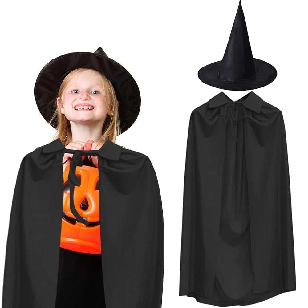 90 cm Siyah Yakalı Pelerin ve Siyah Cadı Şapkası Kostüm Seti (5430)