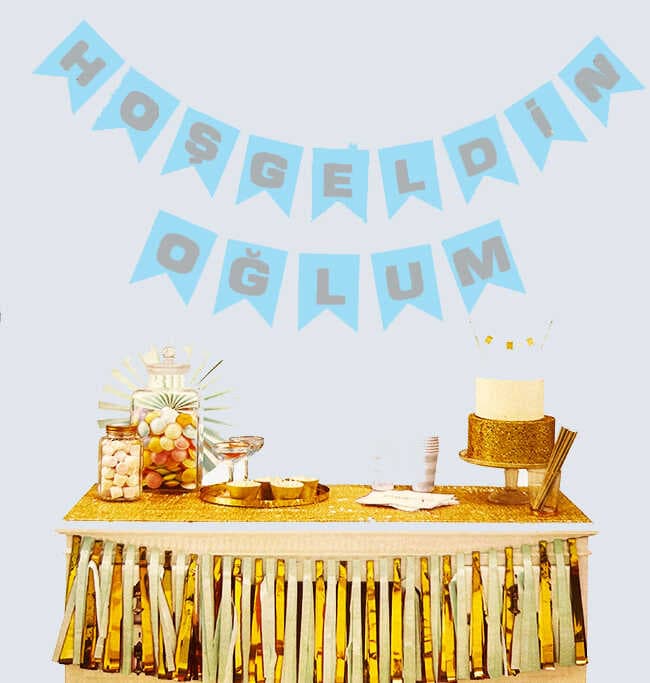 Hoşgeldin Oğlum Mavi Üzeri Gümüş Yeni Doğan Bebek Doğum Süsü Afiş Bayrak Flama 2.2 Metre (5430)