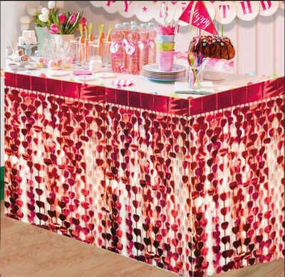 NessiWorld Püsküllü Işıltılı Metalize Kırmızı Kalpli Masa Eteği 75x360 cm