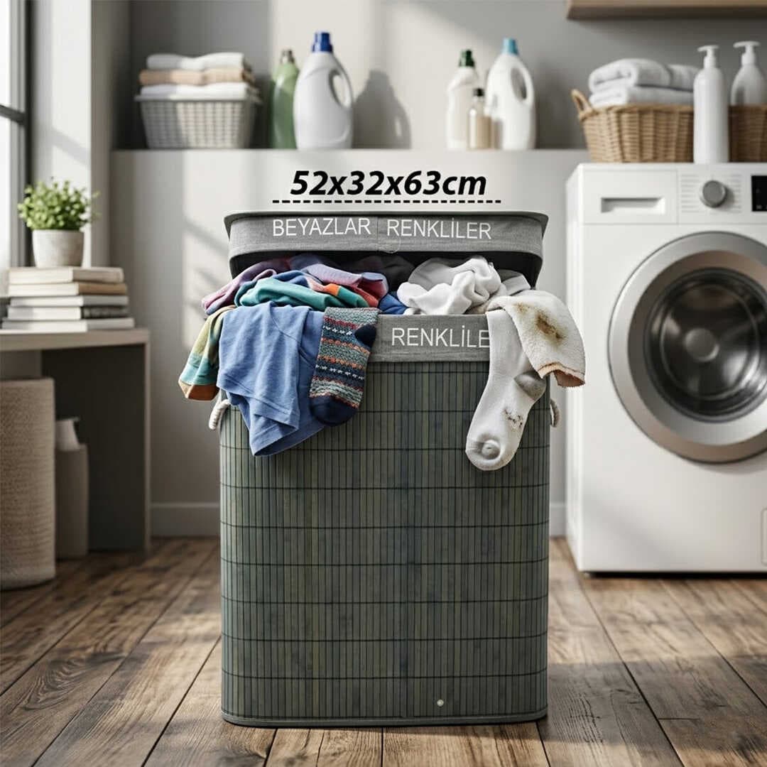 GRİ DİKDÖRTGEN 2 BÖLMELİ 52X32CM Y:63CM BAMBU AHŞAP KİRLİ ÇAMAŞIR SEPETİ KUMAŞ ÇANTALI İP KULP (5430)