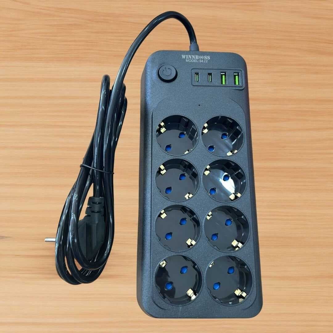 Akım Korumalı Termal Uzatma Kablosu – 8 Priz, 2 USB ve 2 Type-C Girişli, Güçlü Çoklu Priz (5430)