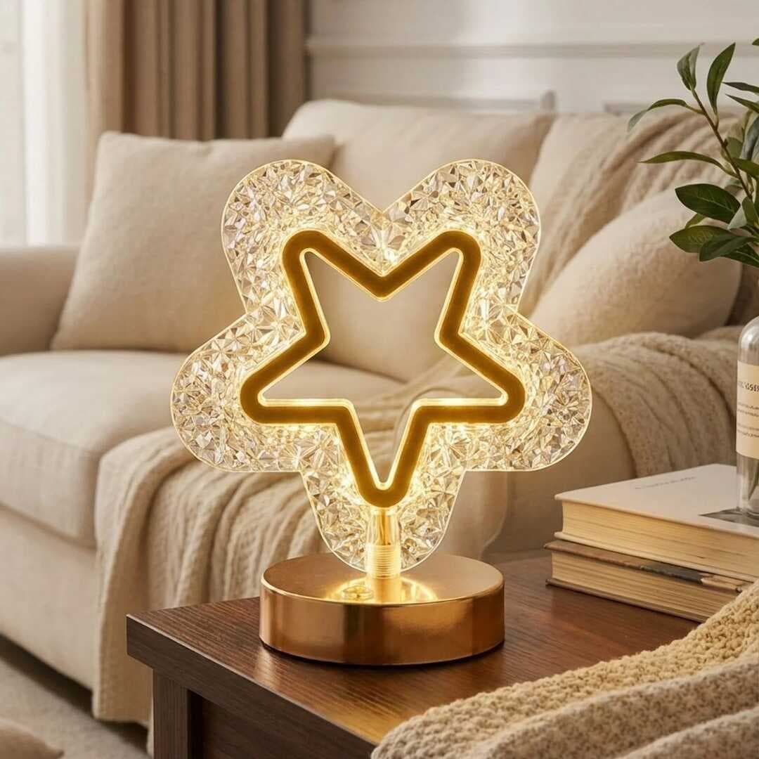 İçi Boş Yıldız Şeklinde Kristal LED Masa Lambası – Dokunmatik, 3 Renk Işık Modlu, Şarjlı Mini Dekoratif Gece Lambası (5430)