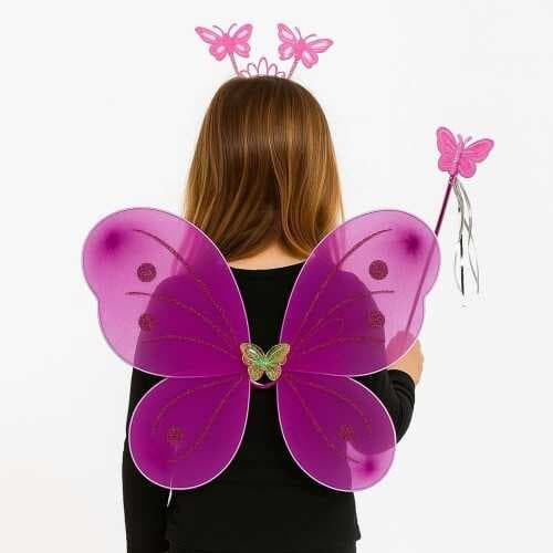 Fuşya Kelebek Kız Seti – 50 cm Kelebek Kanadı, Taç ve Asa