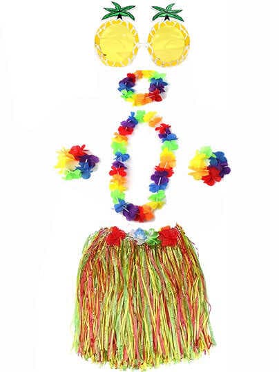 Yetişkin ve Çocuk Uyumlu Luau Aloha Hawaii Rengarenk 40 cm Etek Ananas Şekilli Gözlük Hawaii Kolye Renkli Taç ve 2 Adet Bileklik Seti (5430)