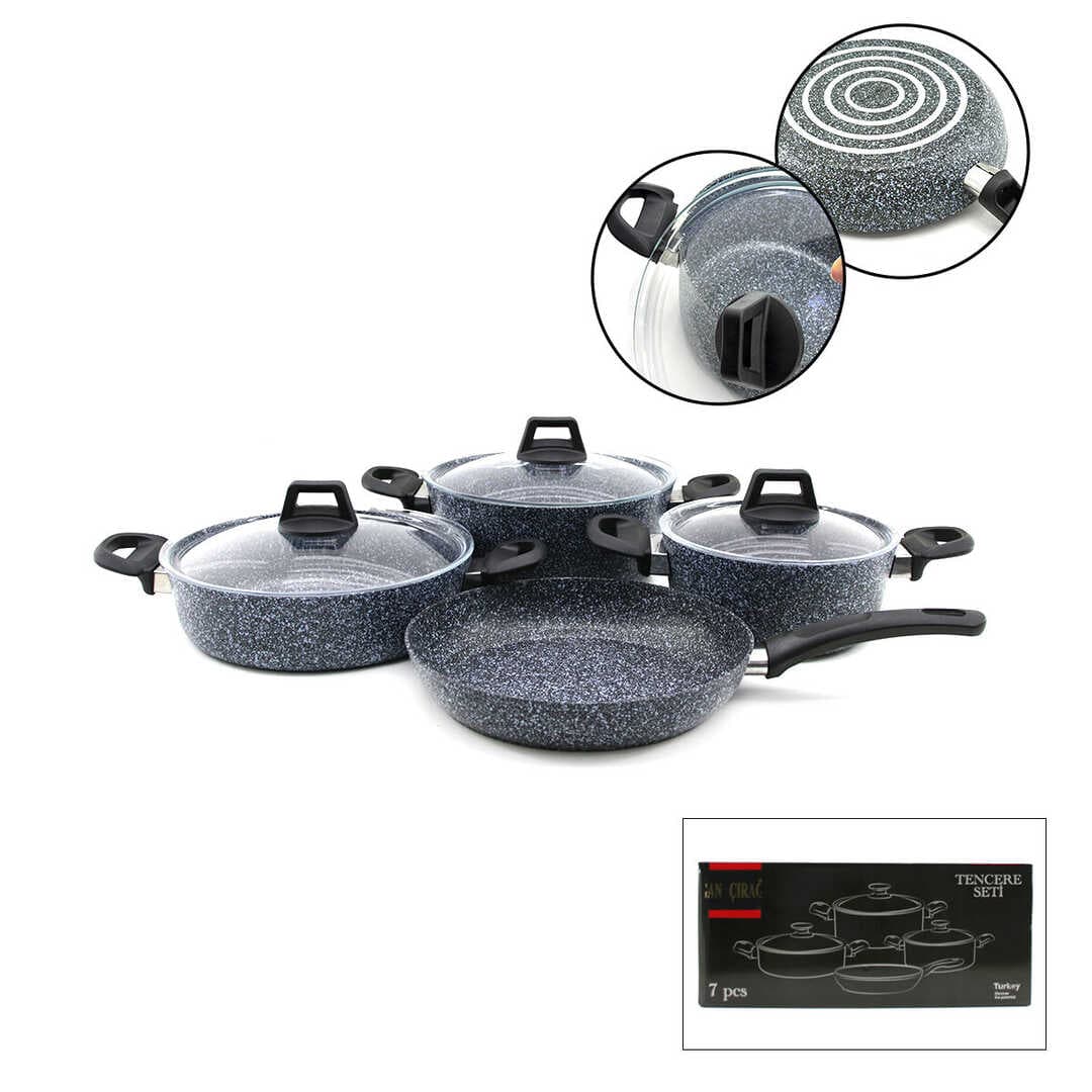 GRİ 7 PARÇA GRANİT TENCERE - TAVA SETİ 20-24CM DERİN - 27CM BASIK CAM KAPAK TENCERE - 26CM TAVA (5430)