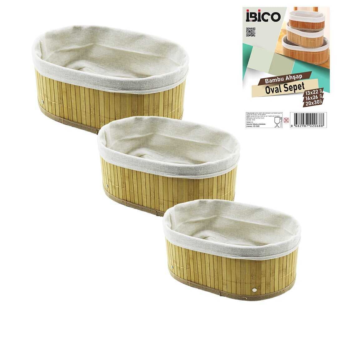3 BOY  OVAL  BAMBU KENAR ORGANİZER SEPET AHŞAP ALTLIK - BEZLİ  13X22-16X26-20X30CM (5430)