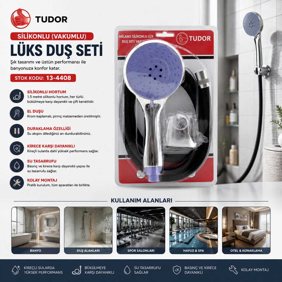 MİLANO VAKUMLU - SİLİKON LÜKS DUŞ SETİ DUŞ BAŞLIK=MİX SİLİKON HORTUM=1.5MT MAFSAL=3 KADEME (5430)