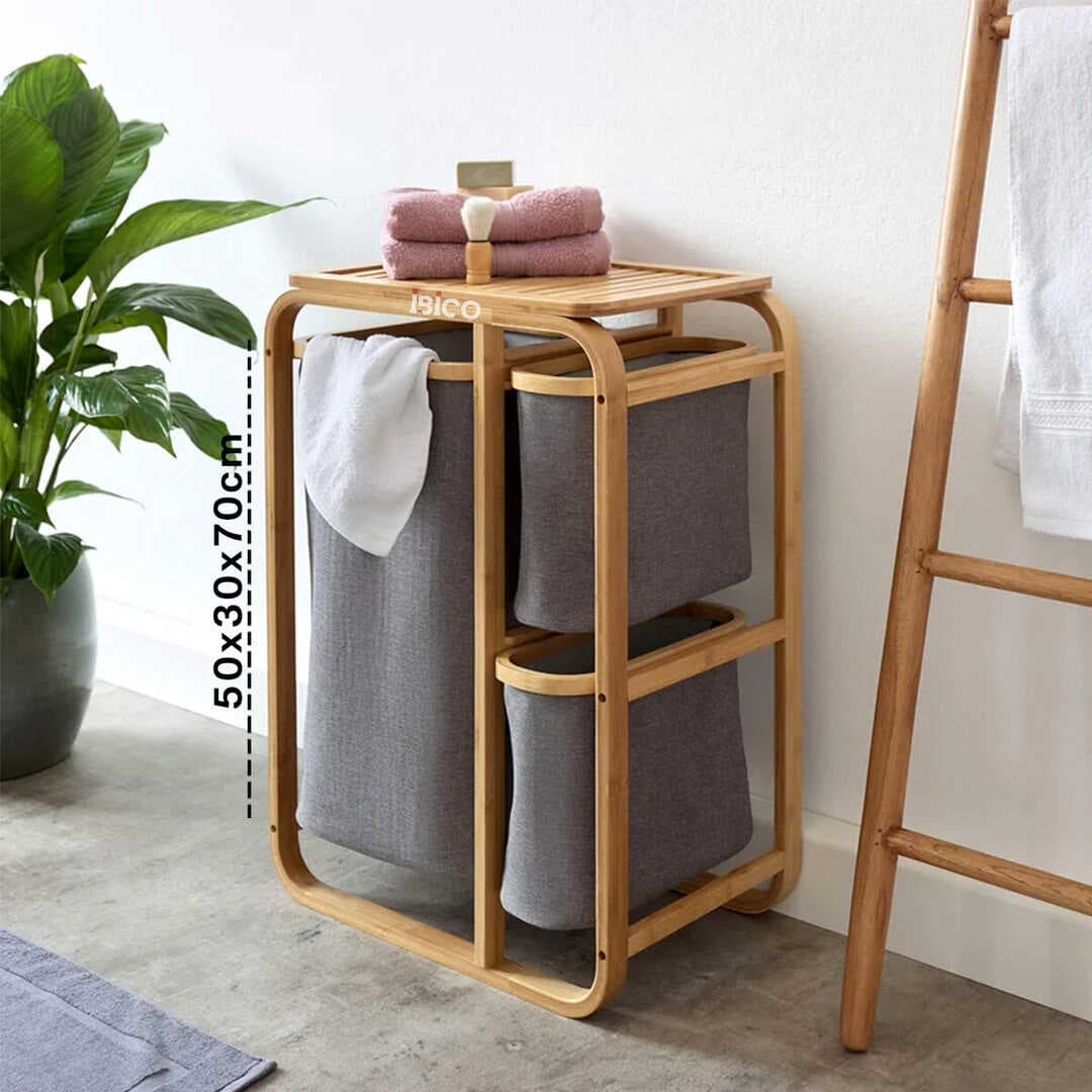 KİRLİ ÇAMAŞIR SEPETİ AHŞAP - BAMBU 3 ORGANİZER BÖLMELİ KUMAŞ ÇANTALI 50X30X70CM (5430)
