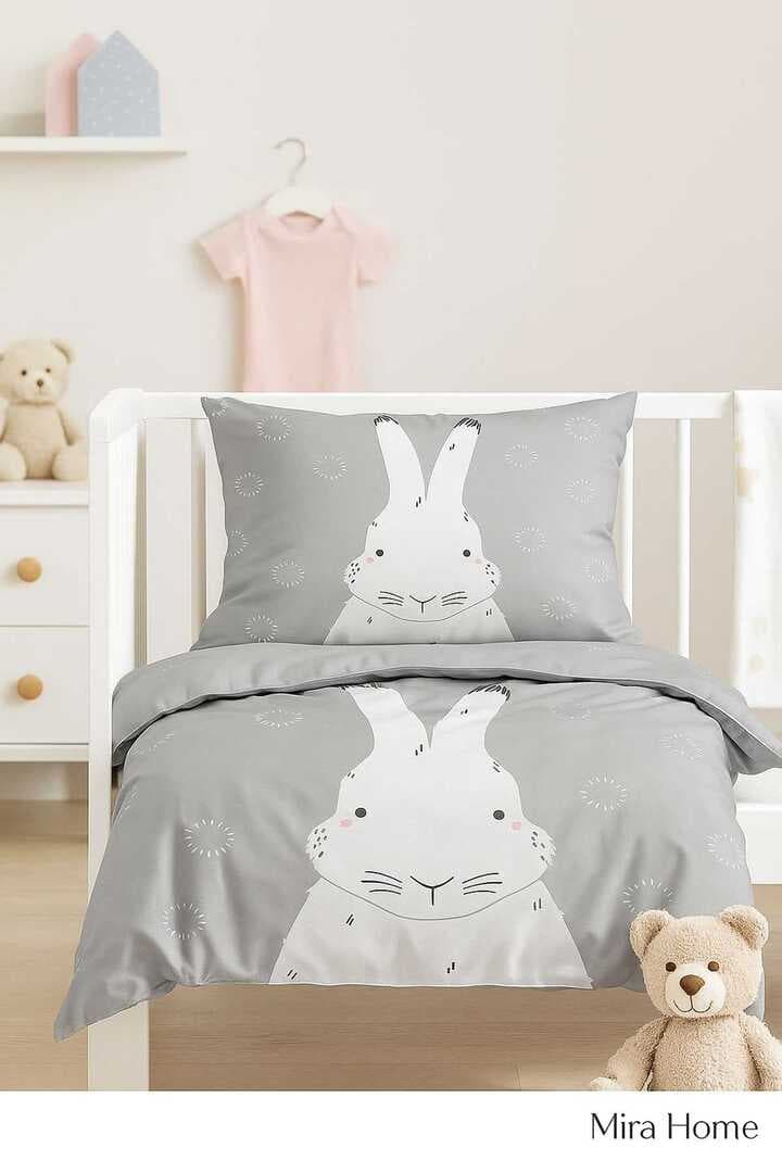 Yenidoğan Kız / Erkek Unisex Bebek Nevresim Takımı %100 Pamuklu Gri Tavşan