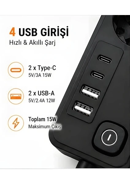 Akım Korumalı 5’li Priz 2xusb 2xtype-c Çıkış Akım Koruma Çoklu Priz Çoğaltıcı Anahtarlı Ftr-31 Siyah