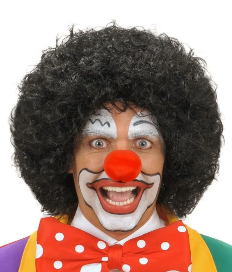 Siyah Renk Kıvırcık Afro Bonus Peruk Saç ve Kırmızı Sünger Burun Seti (5430)