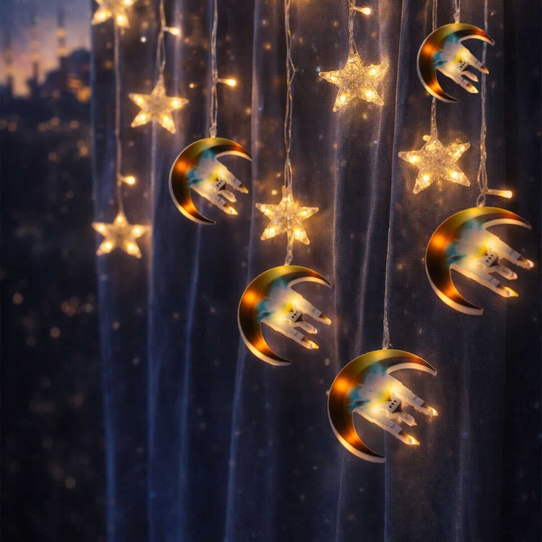 3MT FİŞLİ - EKLEMELİ RAMAZAN DEKOR LAMBA - PERDE LED HİLAL - CAMİ - YILDIZ EKL-09 (5430)