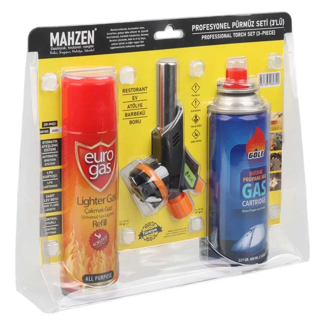 3 Parça Profesyonel Pürmüz Seti Pürmüz Torch Çakmak Başlık- Kamp Gazı 400ml- Çakmak Gazı 270 (5430)