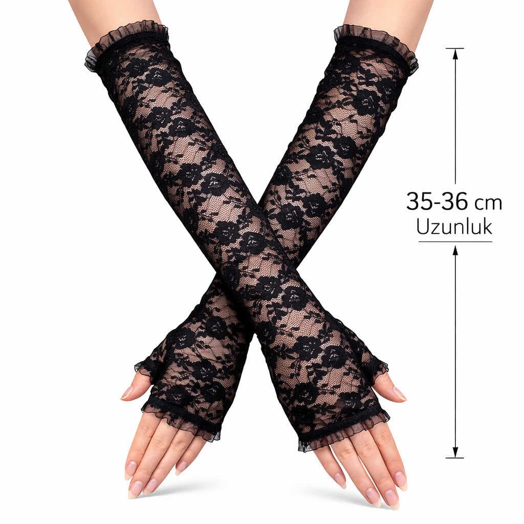 Uzun Zarif Dantel Eldiven Parmaksız Siyah 35 cm