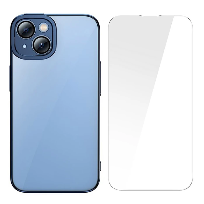 Baseus Glitter iPhone 14 6.1 Renkli Kenar Silikon Kılıf + Tempered Ekran Koruyucu Set-(5775)