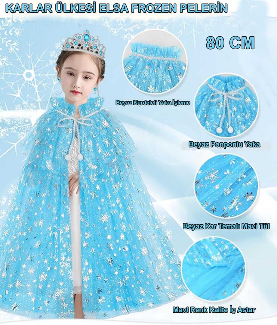 Karlar Ülkesi Elsa Frozen Mavi Pelerin – 80 cm Kar Desenli Çocuk Pelerini ( Taç Hariç ) (5430)