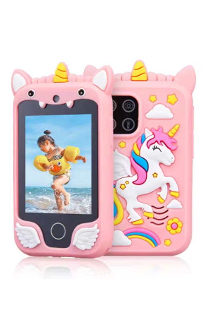 Çocuklar İçin Eğitici Telefon Dokunmatik Ekran Çift Kameralı Fenerli Müzik Çalar Oyun Video Pembe