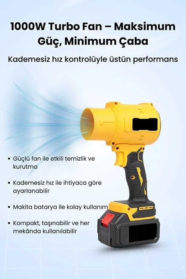 21V Kablosuz Hava Üfleyici | 32.000RPM Turbo Fan, 12.000mAh Batarya, Bahçe &amp;amp; Araç Kurutma / Sarı (5430)