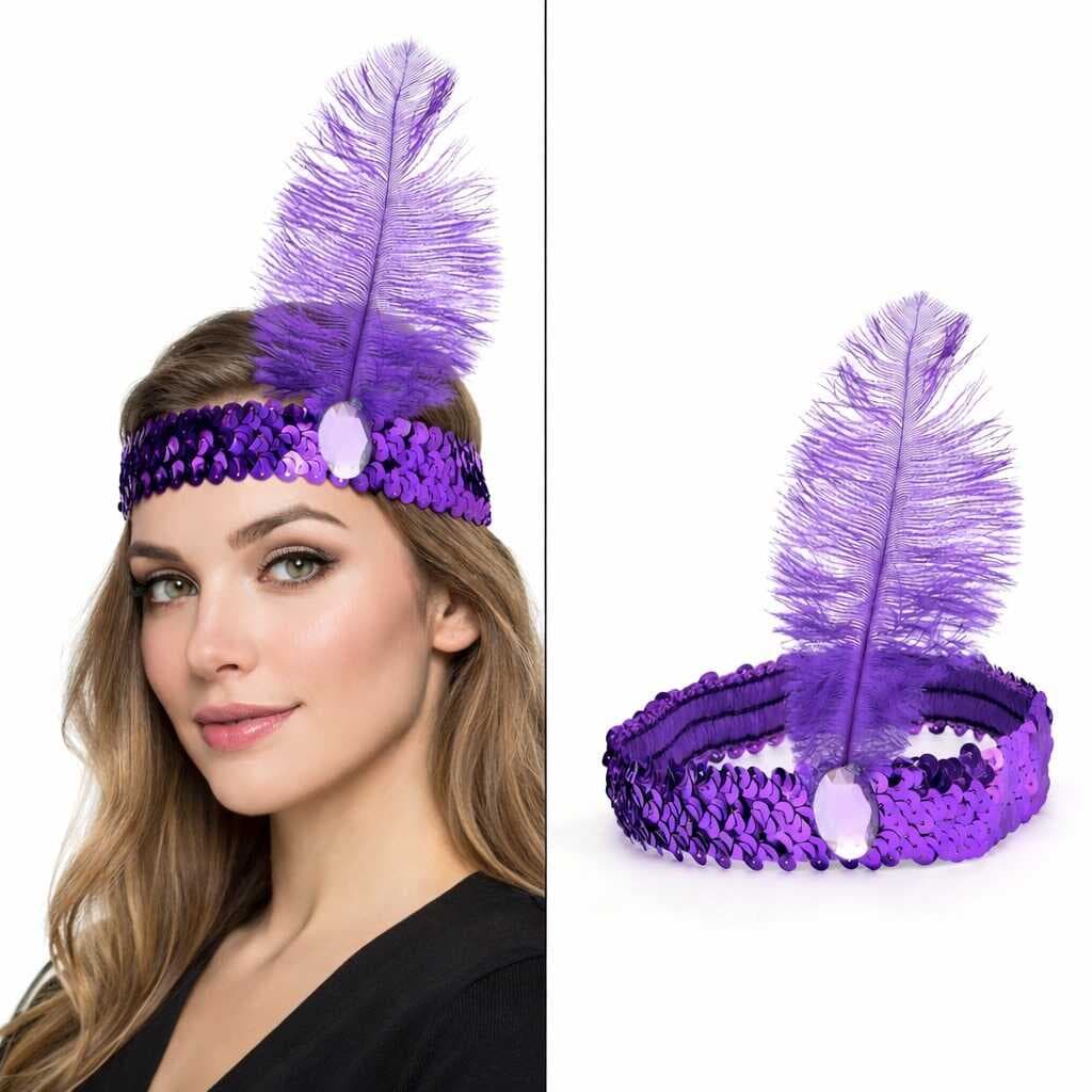 Mor Tüylü Retro Charleston Saç Bandı - 70-80-90’lar Parti Tacı