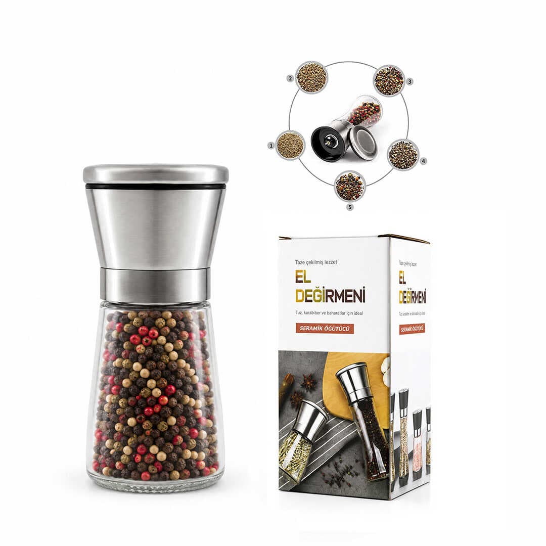 HAND GRINDER KÜÇÜK CAM HAZNELİ - KROM KAPLAMA PLS.KAPAKLI TUZ - BAHARAT ÖĞÜTÜCÜ İ22-411 (5430)