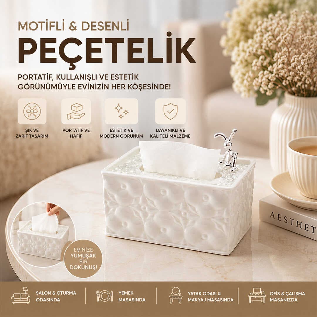 18.4X12.5X9CM BEYAZ YAYLI MASAÜSTÜ DEKORATİF DİKDÖRTGEN PEÇETELİK (5430)