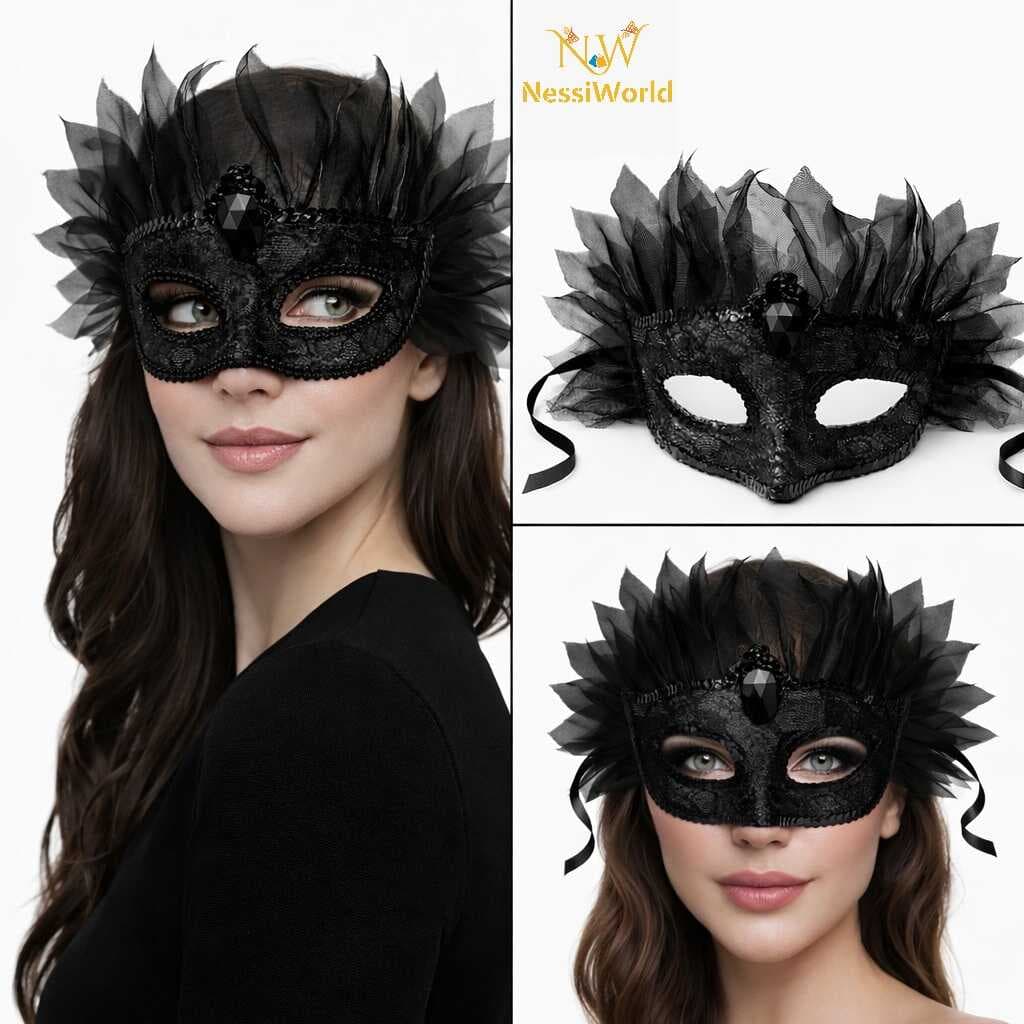 Siyah Taşlı Venedik Maskesi Lüks Tüllü Parti Maskesi