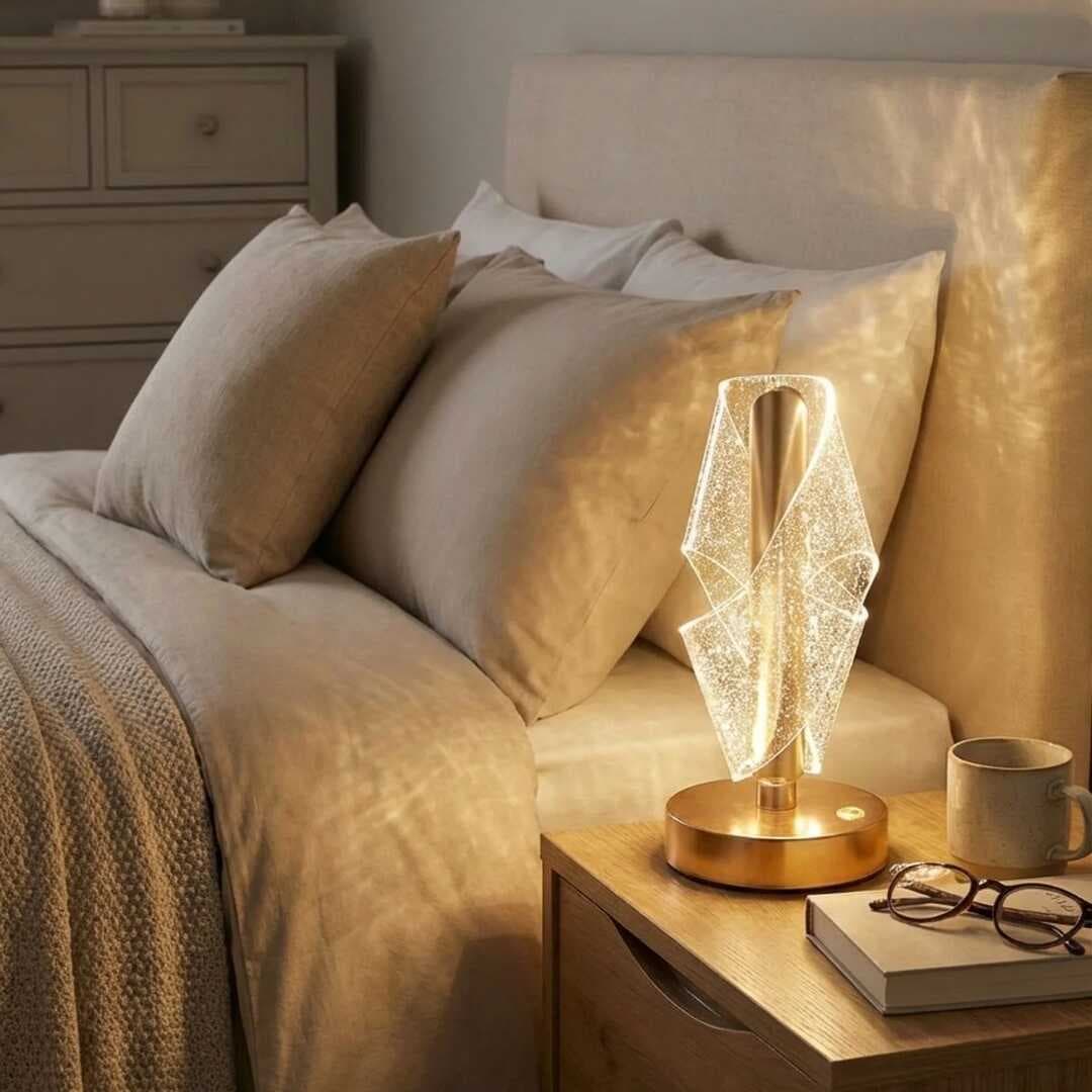 Çapraz Kavisli Ters Kristal Simli LED Masa Lambası – Gold Gövdeli, Dokunmatik, 3 Kademe Işık Ayarlı Şarjlı Dekoratif Lamba (5430)