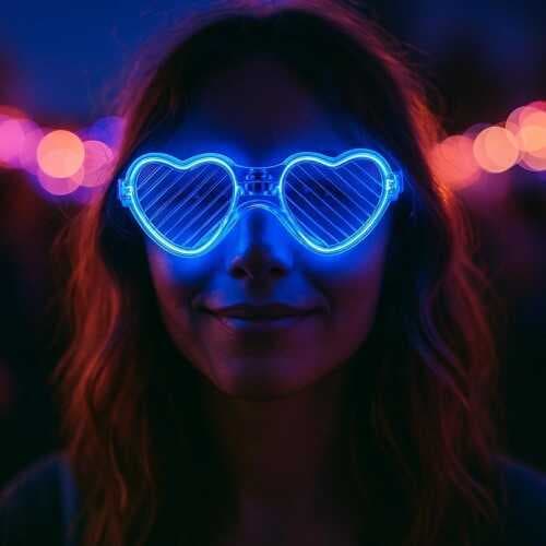 Mavi LED Işıklı Kalp Gözlük – 3 Modlu Parti &amp; Glow Gözlüğü