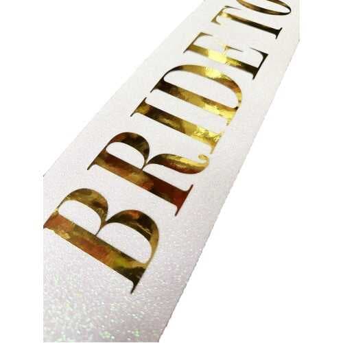 Beyaz Üzeri Altın Büyük Bride To Be Yazılı Simli Işıltılı Kuşak Kemer 10 cm Genişlik